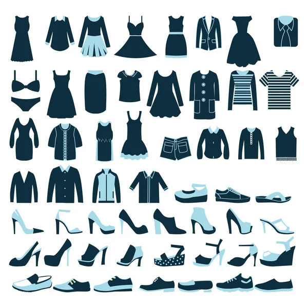 Ανδρών και γυναικών ρούχα και παπούτσια εικονίδια - εικονογράφηση — Stockový vektor