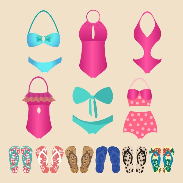 Verano colorido conjunto de chanclas y trajes de baño aislados — Vector de stock