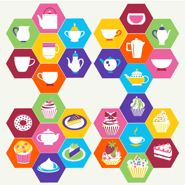 Tea Time , Tea cups, pots  and  of Cupcakes Dessert- Illustratio — Stock Vector