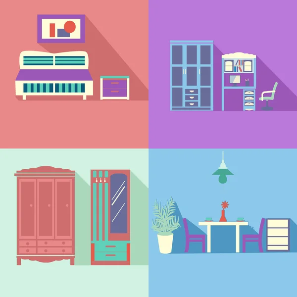 Flat icons set of Set Interior in flat style with long shadow  - — Stock Vector