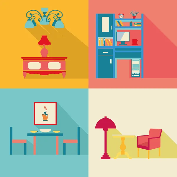 Colorful Interior Icons Set in flat style with long shadow — Stock Vector