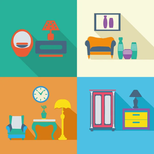Colorful Interior Icons Set in flat style with long shadow — Stock Vector