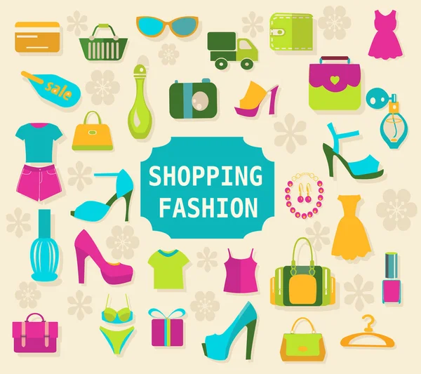 Compras y moda vector de fondo - Ilustración — Archivo Imágenes Vectoriales