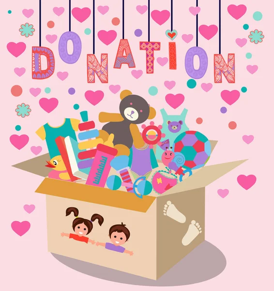 チャリティーの優しさ 人道支援 ボランティア社会支援のベクトル背景 子供服やおもちゃ付きの箱 — ストックベクタ