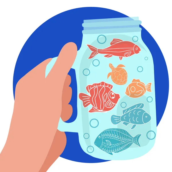Vector Illustration Hand Holding Cute Fishes Glass Jar Cute Childrish — Stock Vector