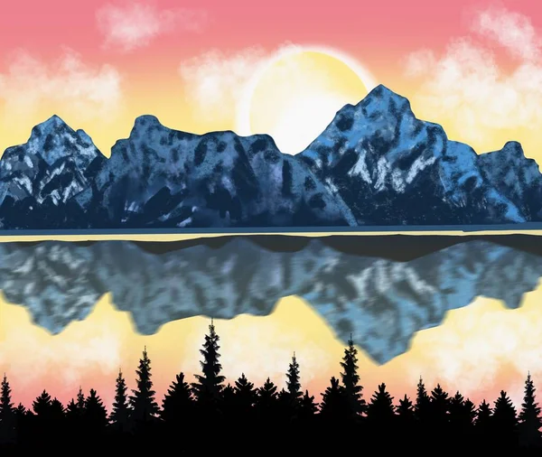 Illustration Beautiful Sunset Mountains Landscape View Lake Landscape Web Poster — Stock Photo, Image