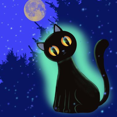 Gizemli bir gece vahşi orman manzaralı soyut bir illüstrasyon. Kara Kedi ve Dolunay Gece Gökyüzü Altında. 