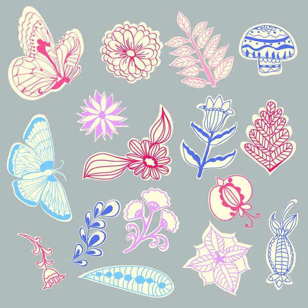 Met Hand Getekende Decoratieve Springtime Stickers Magneten Collectie Vector Doodle — Stockvector