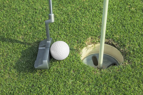 Putter klade golfový míček do otvoru na zelené hřiště — Stock fotografie