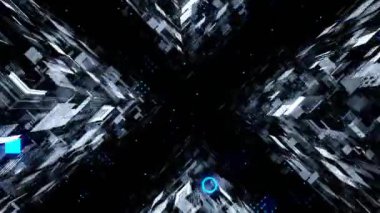4k 3D animasyon. Soyut bilim kurgu tünel döngüsü içinde uçuş. Geleceksel hareket grafikleri, yüksek teknoloji geçmişi. Zaman geçidi, ışık hızı hiperuzay kavramı. Parlayan teknoloji dokusu. Siber Punk