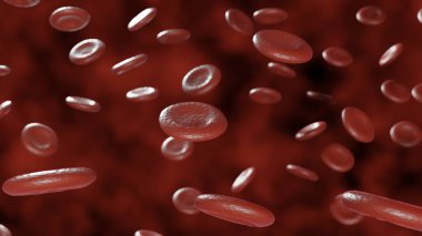 Kırmızı arka planda kırmızı kan hücreleri. Yaşayan bir organizmaya kan akışı. Bilimsel ve tıbbi konsept. Vücudu korumak için kandaki önemli elementlerin aktarımı. 3d hazırlayıcı