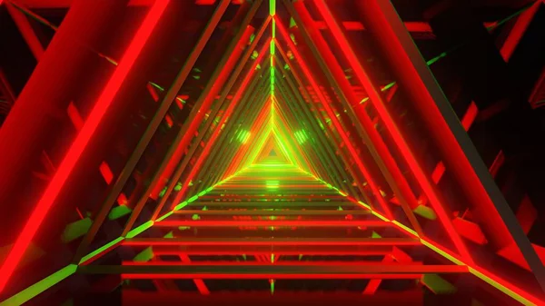 現代の未来的なエイリアン反射金属廊下 トンネル 赤と緑のネオン輝くライト 三角形の背景 3Dレンダリングと空の部屋 — ストック写真