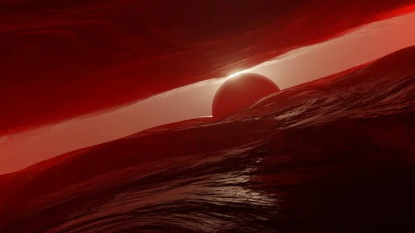 日落时的火星全景 日出时的火星表面 火星景观 幻想的宇宙景观 红色星球的表面 3D渲染 — 图库照片