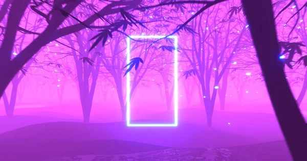 Ragyogó Neon Keret Erdőben Fluoreszkáló Fényportál Sötétségben Másolótérhez Sci Cyber — Stock Fotó