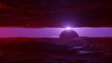 Mars 'ın günbatımında panorama, Mars' ın yüzeyinde gün doğumu, Mars manzarası. Fantezi kozmik manzara. Kızıl Gezegen 'in yüzeyi. 3d oluşturma