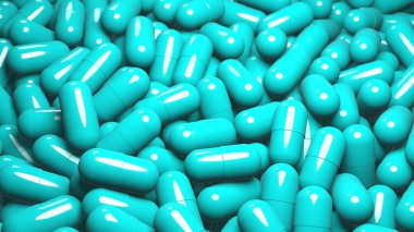 Eczane ilaç kapsülü hapı tıbbi fabrikada üretim hattında. Tıbbi kapsüllerin, tabletlerin, ilaçların üretimi. İlaç işi konsepti. Eczane deposunun arka planı. 3d hazırlayıcı.