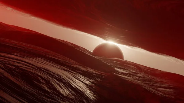 日落时的火星全景 日出时的火星表面 火星景观 幻想的宇宙景观 红色星球的表面 3D渲染 — 图库照片