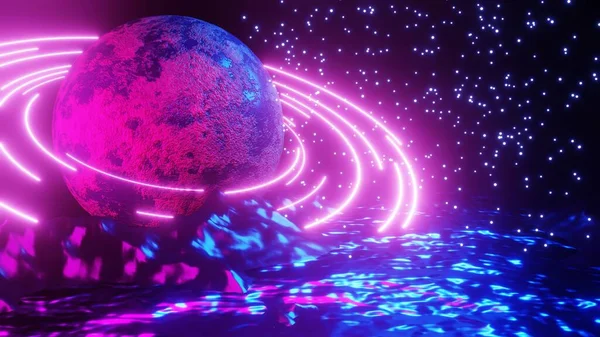 Рендеринг Sci Современная Футуристическая Яркая Космическая Планета Кольцами Абстрактный Фон — стоковое фото