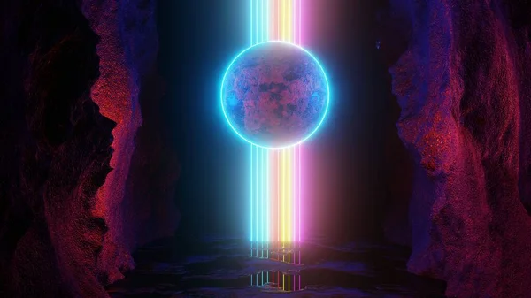 Renderowanie Sci Nowoczesna Futurystyczna Jasna Planeta Pierścieniami Abstrakcyjne Tło Kosmiczny — Zdjęcie stockowe