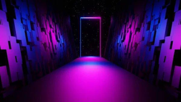 Render Abstrato Futurista Neon Fundo Brilhante Quadro Retangular Espaço Cibernético Imagem De Stock