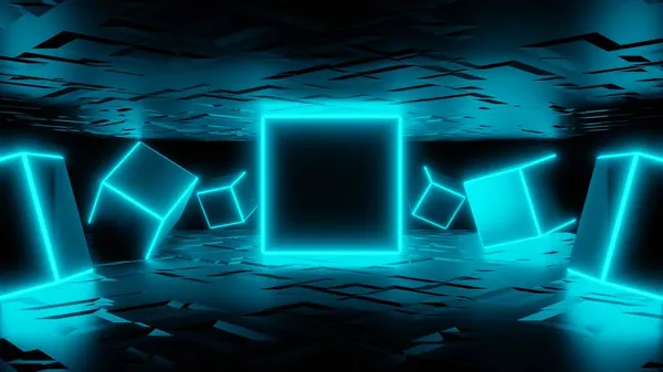 Vykreslování Abstraktní Módní Pozadí Modré Zářící Neonové Kostky Výzdoba Jeviště — Stock fotografie