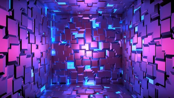 Renderização Fundo Moda Abstrata Azul Roxo Brilhante Cubos Néon Decorações — Fotografia de Stock