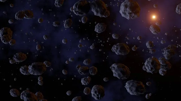 在银河系和太阳前面有一群小行星 小行星带 小行星太阳系中的碎片 巨型小行星前面的原野3D渲染 — 图库照片