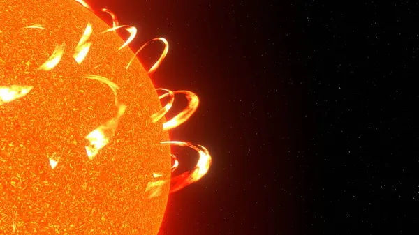 太阳活动 闪烁着太阳或太阳耀斑 太阳离太空很近 巨大的太空恒星 炽热的恒星 3D渲染 — 图库照片