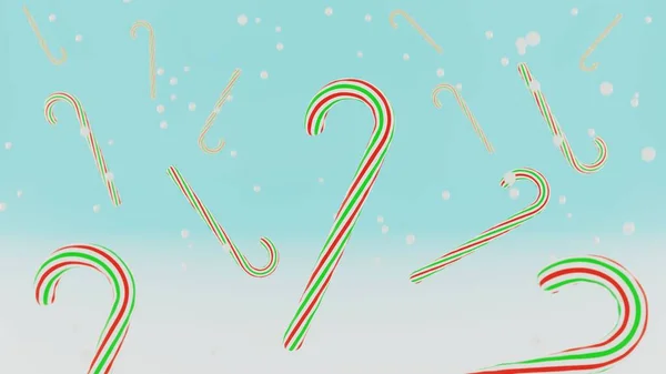 3D渲染 圣诞薄荷糖手杖 不同的红色 绿色和白色的糖果在雪地的背景 圣诞快乐庆祝的理念 传统甜食 — 图库照片