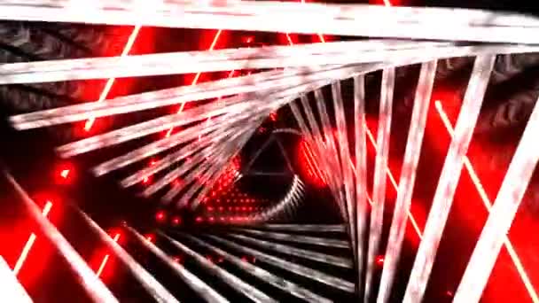 4Kループ3Dアニメーション シームレス抽象的な赤輝くネオンランプ 未来論的アブストラクト技術サイバー空間における背景キラキラ粒子の動き トンネルテクスチャ未来的なデジタルデータ転送 — ストック動画