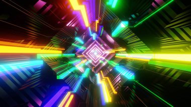 Üç boyutlu çizim. Soyut neon çizgileri uzayda hareket eder. Müzik videoları, gece kulüpleri, görsel ve işitsel gösteri ve performans için arka plan, LED ekranlar ve projeksiyon haritalama