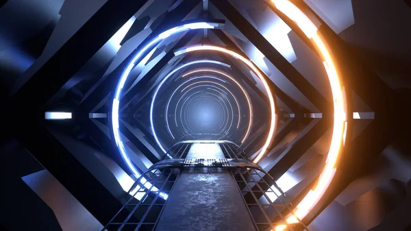 Render Absztrakt Belső Sci Űrhajó Folyosó Sárga Kék Neon Világító Stock Fotó