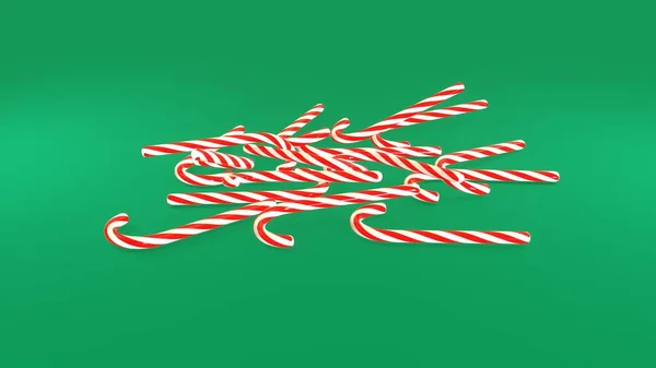 3D渲染 薄荷糖手杖在绿色背景下缓缓下落 糖果甘蔗糖蜜掉落 圣诞及新年音乐会 — 图库照片