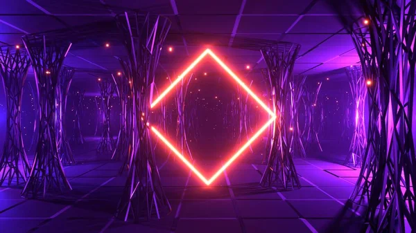Renderelés Absztrakt Futurisztikus Geometrikus Háttér Részecskemozgással Neonkerettel Egy Kibertérben Absztrakt Stock Kép