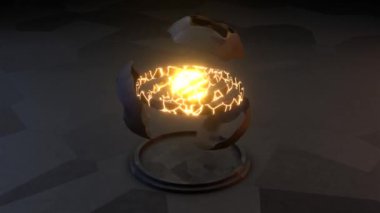 4K döngüsü 3 boyutlu animasyon. Merkezinde parlayan enerjisi olan bilim kurgu objesi. Kaotik yapısı olan dönen metal küre. Geleceğe özgü şekil