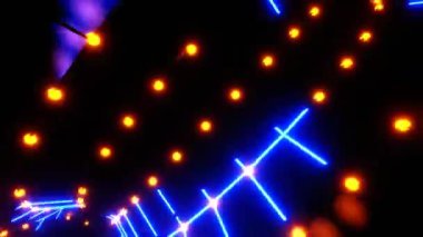 4K 3D animasyon. Çizgileri ve parıltısı olan soyut fütüristik geometrik arkaplan. Parlak çizgiler uzun bir tünel, ultraviyole neon ışığı. Soyut iç bilim kurgu uzay gemisi koridorları, sanal gerçeklik uzayı