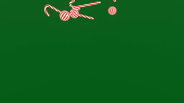 Animation Peppermint Candy Canes Falling Slowly Green Background Candy Cane — Stock Video