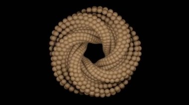 4K 3D animasyon. Ahşap toplardan yapılmış güzel soyut bükülmüş torus döner. Siyah arka planda evrensel dinamik hareket. Mobius Strip döndürme canlandırması