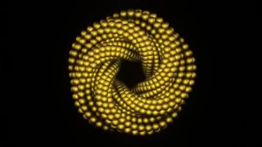 4K 3D animasyon. Ahşap toplardan yapılmış güzel soyut bükülmüş torus döner. Siyah arka planda evrensel dinamik hareket. Mobius Strip döndürme canlandırması