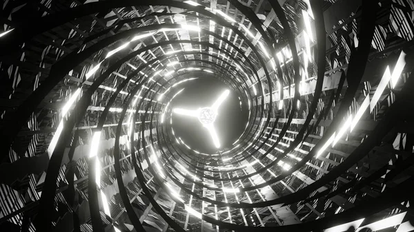 3Dレンダリング 概要灰色のネオン輝く管の反射を持つ屋内のSf宇宙船の廊下 グレーの背景に未来的なデザインの宇宙船のインテリア — ストック写真