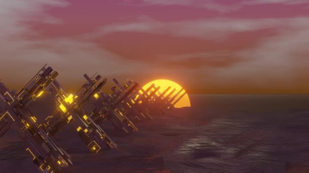 Animasyon Sunset Ile Soyut Bilim Kurgu Uzaylı Arazisi Siber Dünyada — Stok video