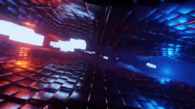 4k 3D animasyon. Soyut bilim kurgu tünel döngüsü içinde uçuş. Geleceksel hareket grafikleri, yüksek teknoloji geçmişi. Zaman geçidi, ışık hızı hiperuzay kavramı. Parlayan teknoloji dokusu. Siber Punk