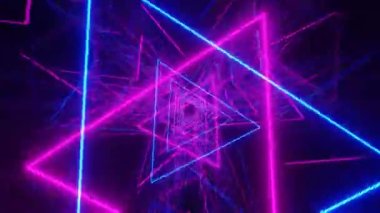 4K 3D animasyon. Hareket grafiği, kamera sanat alanında veya neon ışıklı tünelde uçar. Modern hareket tasarımı vj döngüsü, parlayan dikdörtgenler, küreler, çizgiler ve kablolar arasında uçuyor.