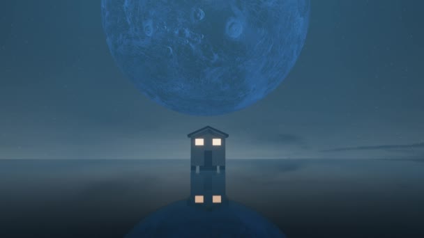 Animation Full Moon Hill Top House Standing Lake Animated Moon — Stock Video