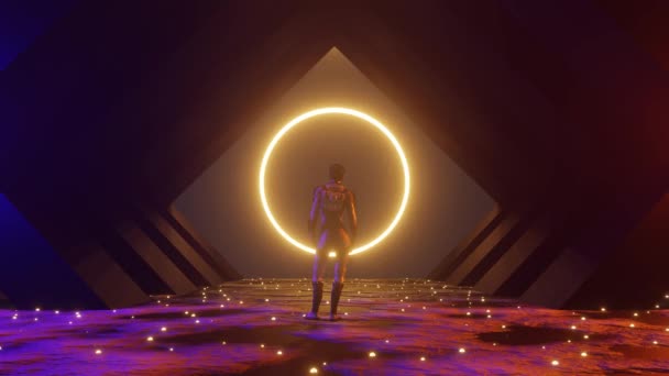 Animation Woman Standing Front Big Portal Another Dimension Glowing Universe — Stock Video