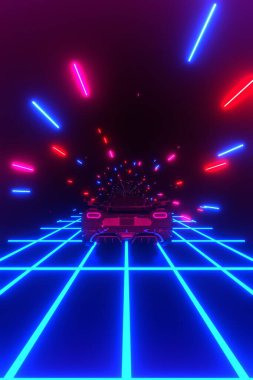 Üç boyutlu görüntüleme. 80 'lerin geçmişe dönük fütüristik bilim kurgu, klasik arabalı kusursuz döngüsü. Geriye dönük VJ video oyunu manzarası, mavi neon ışıklar ve düşük polyester şebeke. Biçimlendirilmiş siber punk buhar dalgası arkaplanı