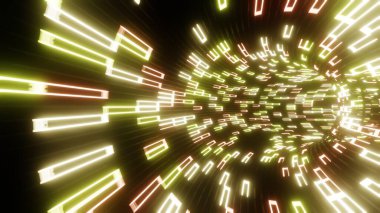 Üç boyutlu görüntüleme. Soyut bilim kurgu tünelinde uçuş. Geleceksel hareket grafikleri, yüksek teknoloji geçmişi. Zaman geçidi, ışık hızı hiperuzay kavramı. Parlayan teknoloji dokusu. Siber Punk