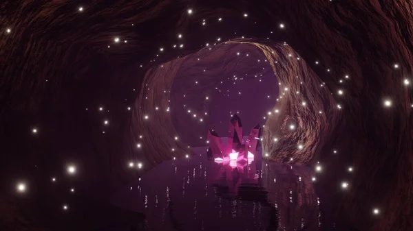 3Dレンダリング 輝く結晶の魔法と青神秘的な洞窟 冒険の概念を刺激する 洞窟を飛ぶ魔法の光 — ストック写真