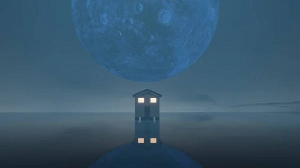 Weergave Volle Maan Achter Het Huis Heuvel Staande Het Meer — Stockfoto