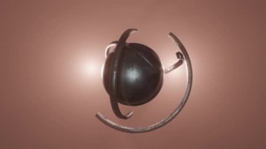4K 3D animasyon. Merkezinde parlayan enerjisi olan bilim kurgu objesi. Kaotik yapısı olan dönen metal küre. Geleceğe özgü şekil